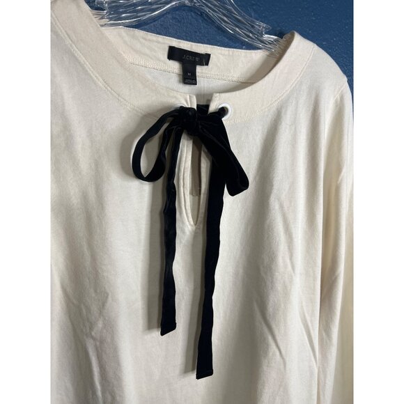 J. Crew Womens Ivory Long Sleeve Top With Black Velvet Bow Tie Detail Size M - Picture 4 of 9